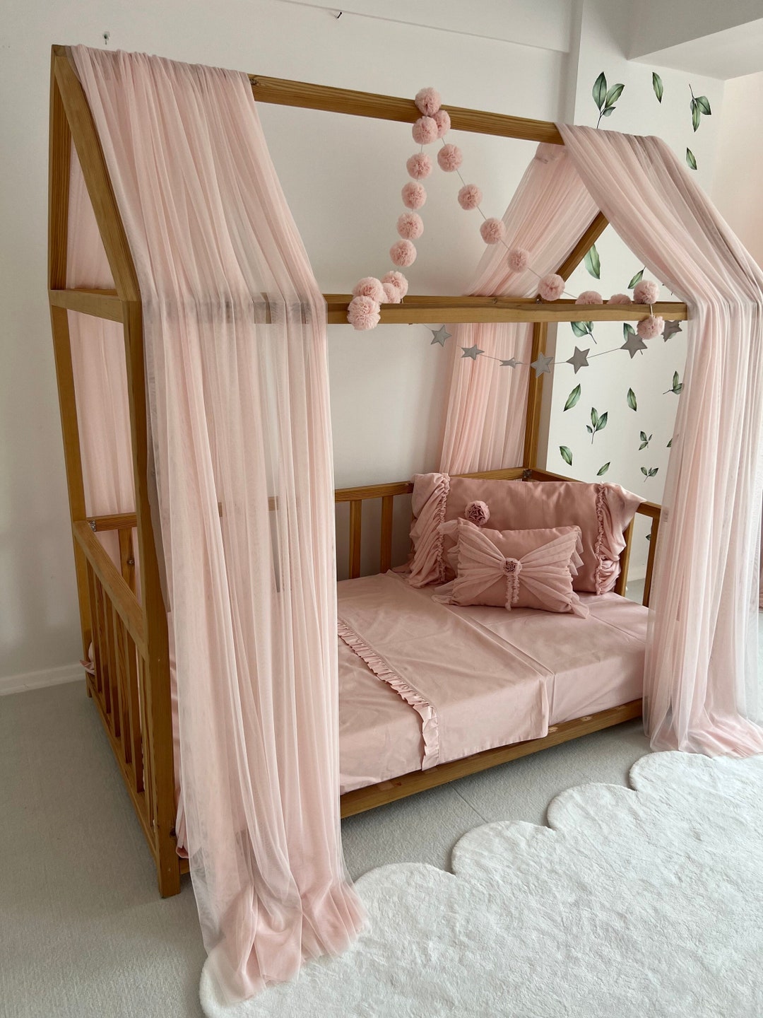 Baby Pink Montessori Bed Curtains Tulle Canopy Customized Montessori Bed Canopy House Bed Curtains Baby Pink Crib Canopy Princess Bed Etsy