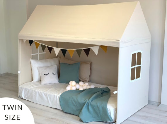 Twin Size Playhouse Bed White Bed Canopy Twin Size Bedding Canvas Playhouse Bed Montessori House Bed Twin Size Bed Canopy Canopy Tent