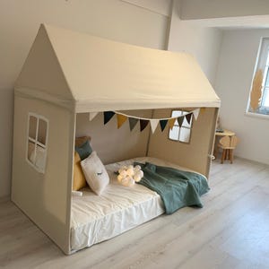 Twin Size Playhouse Canopy, Canopy Bed, Naturel Canvas Playhouse, Montessori House Bed, Kids Twin Size Bed Canopy, Twin Size Bedding