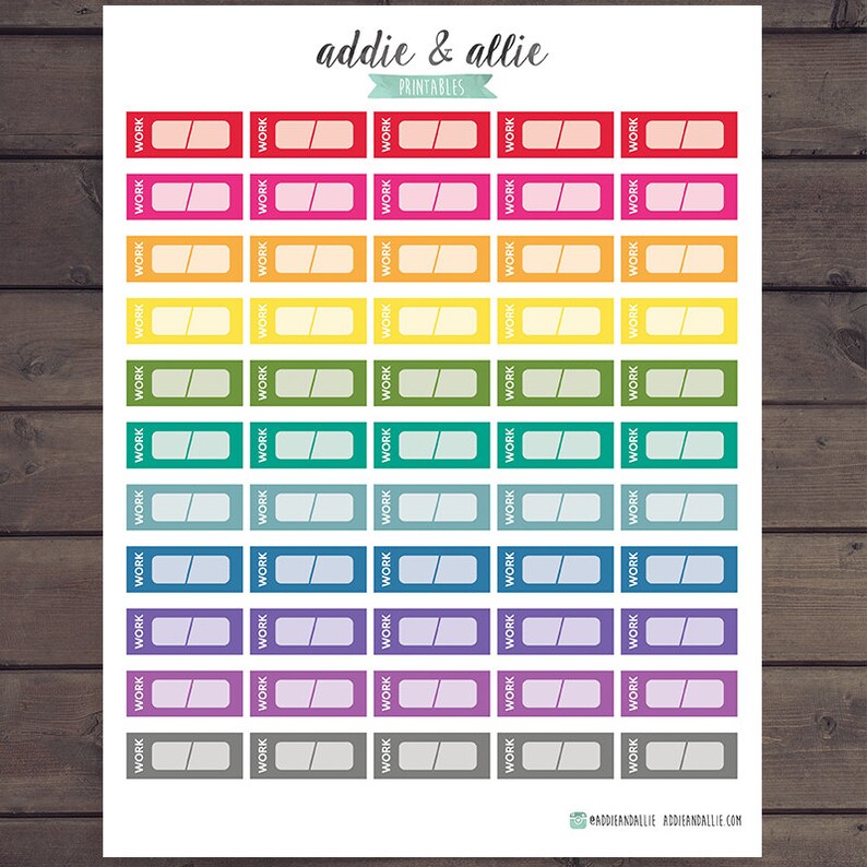 May include: A sheet of colorful printable stickers with the text "WORK" and a blank space for writing. The stickers are in a rainbow color scheme, starting with red and ending with gray.