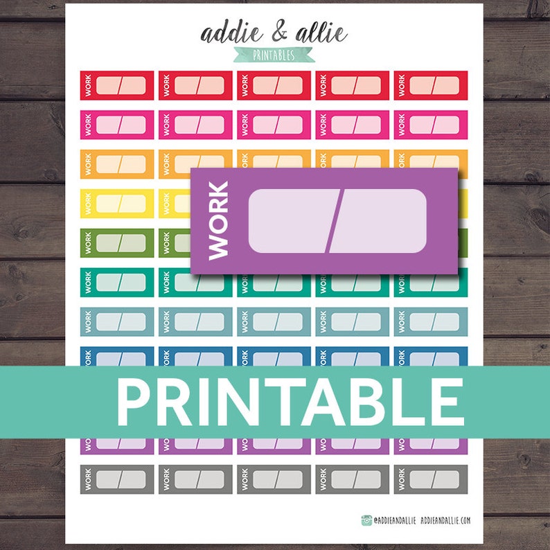 May include: Printable planner stickers with a rainbow of colors. The stickers are rectangular and have the word "WORK" printed on them. The stickers are designed to be used in a planner or journal.