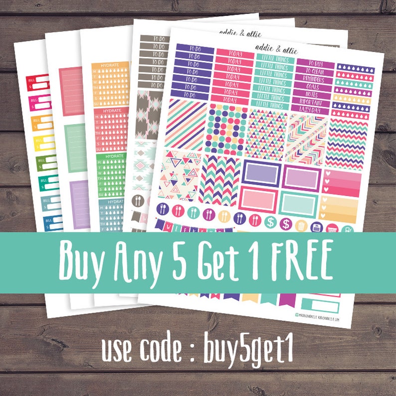 May include: A set of colorful planner stickers with geometric patterns, including triangles, stripes, and polka dots. The stickers feature phrases like "To Do", "Today", and "Little Things". The text "Buy Any 5 Get 1 FREE" is displayed in a teal banner. The text "use code: buy5get1" is displayed below the banner.