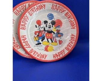 VINTAGE NIP Musse Pigg Grattis på födelsedagen Papperstallrikar 18 cm/12 st/Disney/1970-tal