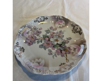Assiette à gâteau en porcelaine de Bavière Schwarzenhammer, doré floral, poignée festonnée