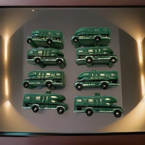 May include: Eight green miniature RVs are displayed in a glass case. Each RV has a detailed design with windows, wheels, and a roof. The RVs are arranged in two rows of four, showcasing a collection of travel-themed miniatures.