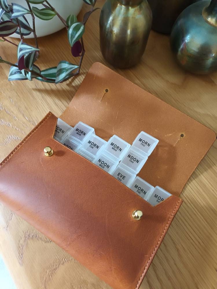 The 7 Day Pill Organizer, Distressed Leather Pill Case, Tablet Holder