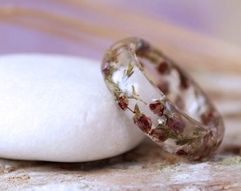 Dried Heather Flower ring Resin ring Real flowers ring Pressed flower resin ring Transparent ring  Nature ring  Botanical jewelry