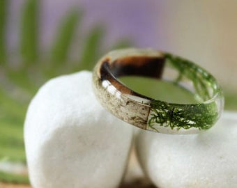 REAL Moss resin ring Birch bark ring Wood resin ring Nature resin ring Silver/copper ring Green ring Rustic ring Eco Friendly Forest Jewelry