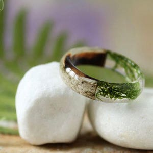 REAL Moss resin ring Birch bark ring Wood resin ring Nature resin ring Silver/copper ring Green ring Rustic ring Eco Friendly Forest Jewelry image 1