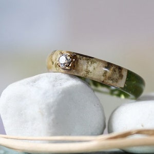 REAL FERN Engagement resin ring crystal ring Birch bark ring Forest women ring Green ring Wooden ring for women Rustic ring