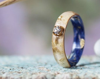 Cornflower Blue RESIN RING crystal ring Birch bark ring Floral ring Nature jewelry Promise ring for her Blue wedding Birthday gift