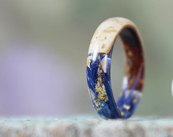 Cornflower Blue RESIN RING Two sided ring Birch bark ring Floral resin ring Nature jewelry Botanical jewelry Blue wedding Birthday gift
