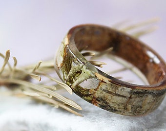 Echtes Moos Flechten Harz Ring Birkenrinde Herrenring Holz Harz Ring Natur Boho Ring Rustikaler Ring für Frauen Eco freundlicher grüner Waldschmuck