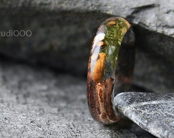 Wood resin ring with moss and Tigers Eye Wild Cherry Bark ring Nature resin ring Rustic ring Eco Friendly