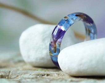 Purple resin ring Blue Forget me not ring Botanical ring Real plant jewelry Forest jewelry Nature engagement ring Gifts for her