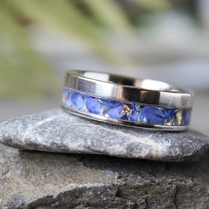 Blue Forget me not ring Wedding band for men / women Stainless Steel - 7 mm Floral band engagement ring Unisex ring Memories gift