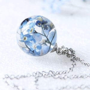 Forget me not necklace Blue resin necklace Sphere necklace pendant Real flower necklace Nature necklace Forest jewelry Resin jewelry