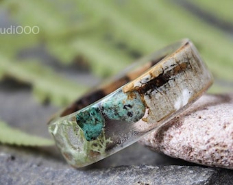 Gemstone ring Birch bark Mens ring REAL Moss resin ring  Wood resin ring Nature resin ring Rustic ring Eco Friendly Forest Jewelry