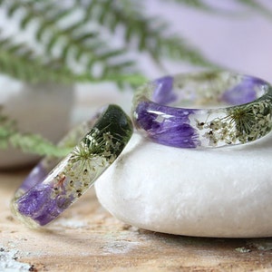 Queen Anne Lace resin ring Fern ring Womens ring Delicate ring White purple green ring Real flowers rings Pressed flower jewelry Gift