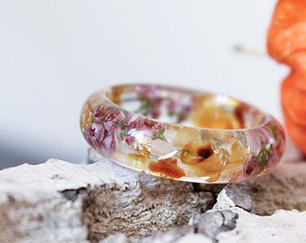 Baltic Amber Ring Heather Flower resin ring Pressed flower jewelry Nature ring Pink unusual ring Romantic gift  Celtic ring Eco Friendly