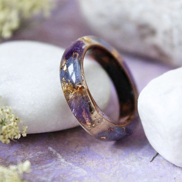 Birch bark Resin ring Unisex ring Wood resin ring Nature resin ring Purple blue jewelry  Rustic ring Eco Friendly Forest Jewelry Womens gift