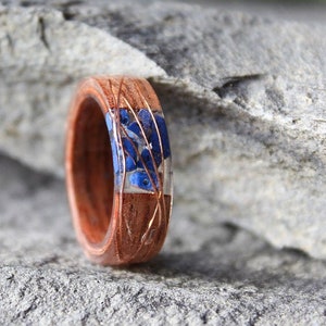 NATURAL Lapis Lazuli Wood Ring Man band ring Gemstone ring Blue Brown Wood Resin ring Men's women wooden ring Blue copper band Eco-Friendly