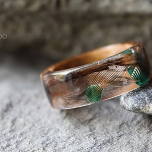Cedar Wooden ring Malachite ring men Falcon Feather resin ring Celtic ring  Mens wood ring Feather jewelry Eco ring for man