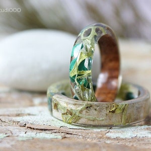 Malachite wood ring Moss stone resin ring Birch bark ring Forest wedding rings His and hers ring Unisex Wood resin ring Nature ring