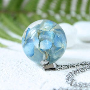 Moon Necklace Blue Hydrangea necklace pandant Real flower necklace Sphere resin necklace Dried flower necklace Romantic gift BLACK FRIDAY image 6