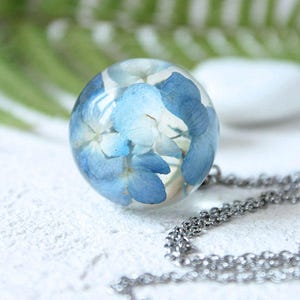 Moon Necklace Blue Hydrangea necklace pandant Real flower necklace Sphere resin necklace Dried flower necklace Romantic gift BLACK FRIDAY image 4