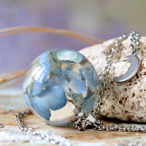 Moon Necklace Blue Hydrangea necklace pandant Real flower necklace Sphere resin necklace Dried flower necklace Romantic gift BLACK FRIDAY