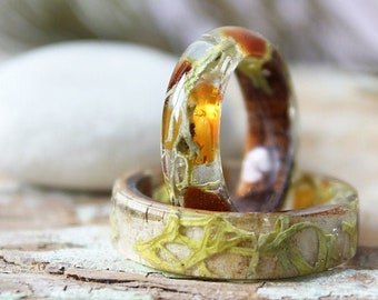 Amber Moss wooden ring Birch bark resin ring Forest ring Mens / women magic ring Wood engagement rustic ring Nature resin ring Eco Friendly