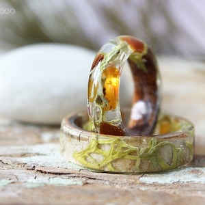 Amber Moss wooden ring Birch bark resin ring Forest ring Mens / women magic ring Wood engagement rustic ring Nature resin ring Eco Friendly