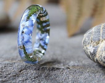 Blue resin ring Forget me not ring Fern resin ring Nature resin ring Real plant jewelry Forest Jewelry Stacking ring Gifts for her