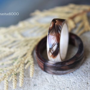 Celtic engagement wooden ring Falcon Feather resin ring Mens wood ring Women unique ring Feather jewelry Forest women ring Eco ring for man