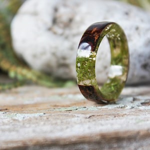 Birch bark Mens ring REAL Moss resin ring  Wood resin ring Nature resin ring  Boho ring Rustic ring Eco Friendly Green Forest Jewelry