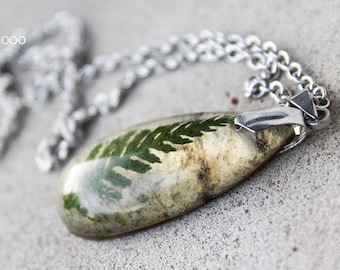 Real FERN necklace Resin birch bark necklace Wood resin necklace Green teardrop pendant Forest jewelry Celtic Special birthday gift