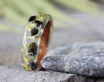 Black tourmaline ring Moss stone resin ring Birch bark ring Forest wedding rings His and hers ring Unisex Wood resin ring Nature ring