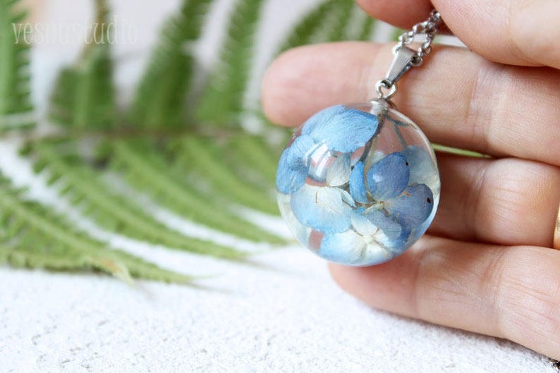 Moon Necklace Blue Hydrangea necklace pandant Real flower necklace Sphere resin necklace Dried flower necklace Romantic gift BLACK FRIDAY image 8