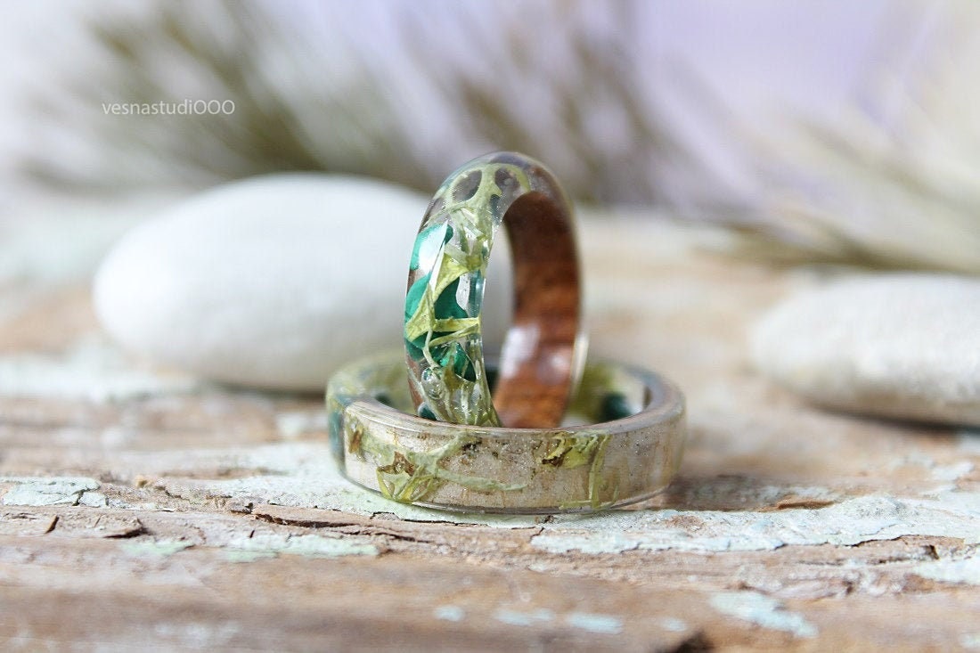 Malachite Wood Ring Moss Stone Resin Ring Birch Bark Ring Forest