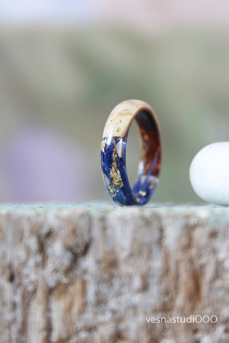 Cornflower Blue RESIN RING Two Sided Ring Birch Bark Ring Etsy