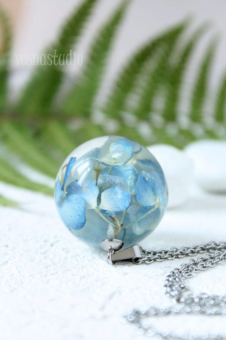 Moon Necklace Blue Hydrangea necklace pandant Real flower necklace Sphere resin necklace Dried flower necklace Romantic gift BLACK FRIDAY image 6