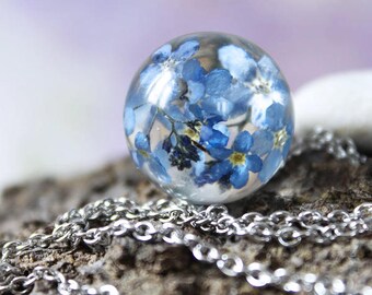 Forget me not necklace Blue resin necklace Sphere necklace pendant Real flower necklace Nature necklace Forest jewelry Resin jewelry
