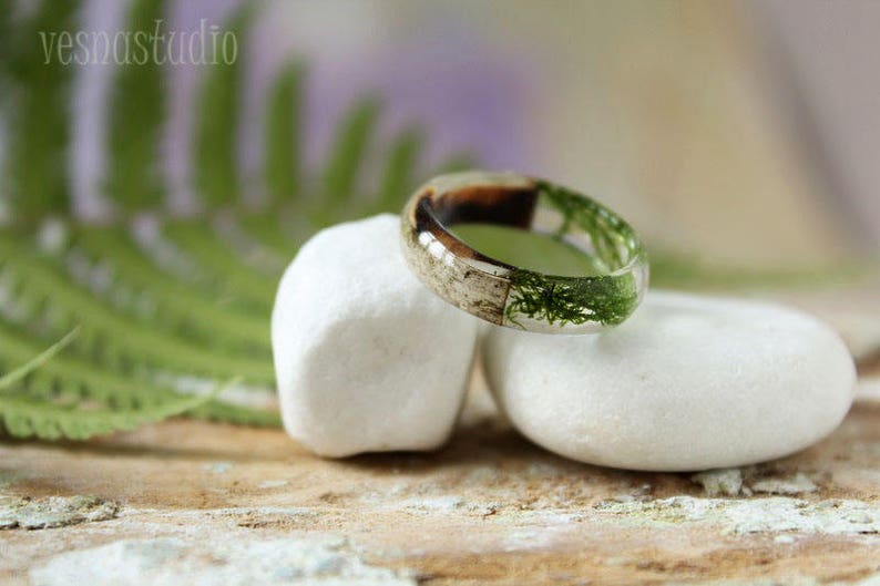 REAL Moss resin ring Birch bark ring Wood resin ring Nature resin ring Silver/copper ring Green ring Rustic ring Eco Friendly Forest Jewelry image 1