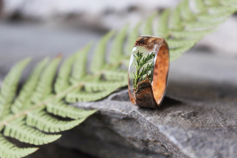 NDJEWELRY Resin Ring Wood Band Romantic Forest Secret World Mountain  Landscape insided Statement Ring Unique Handmade Gift for Her Size 6.5