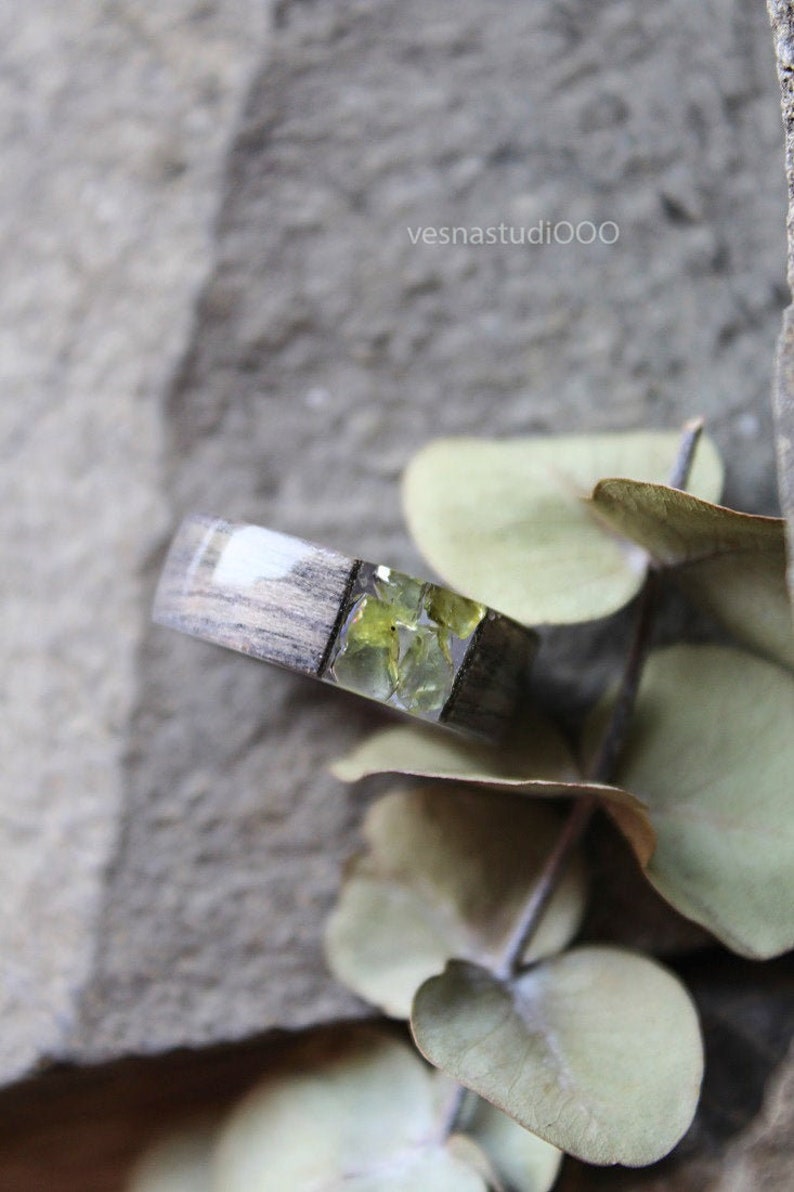 Wood resin ring Peridot Mens women ring August Birthstone ring Engagement wood ring Fashion ring Nature resin ring Delicate ring Green ring image 1