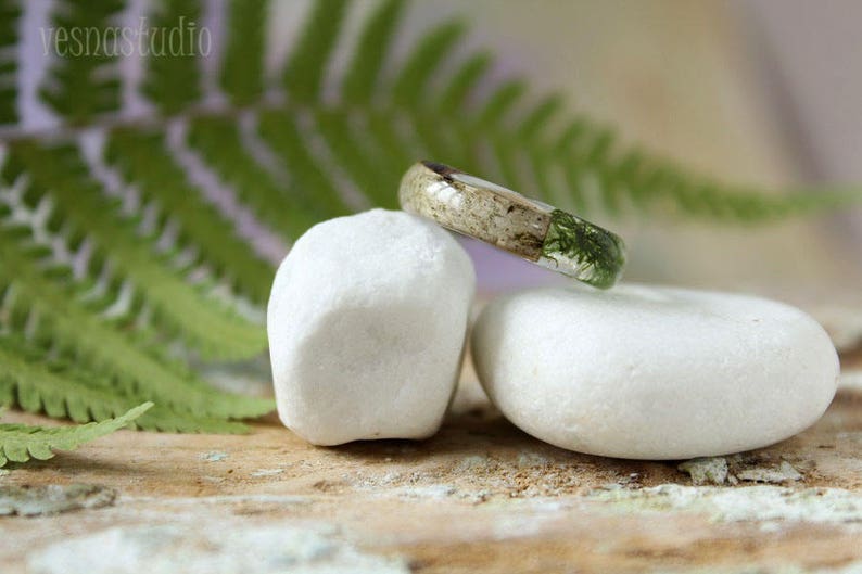 REAL Moss resin ring Birch bark ring Wood resin ring Nature resin ring Silver/copper ring Green ring Rustic ring Eco Friendly Forest Jewelry image 4