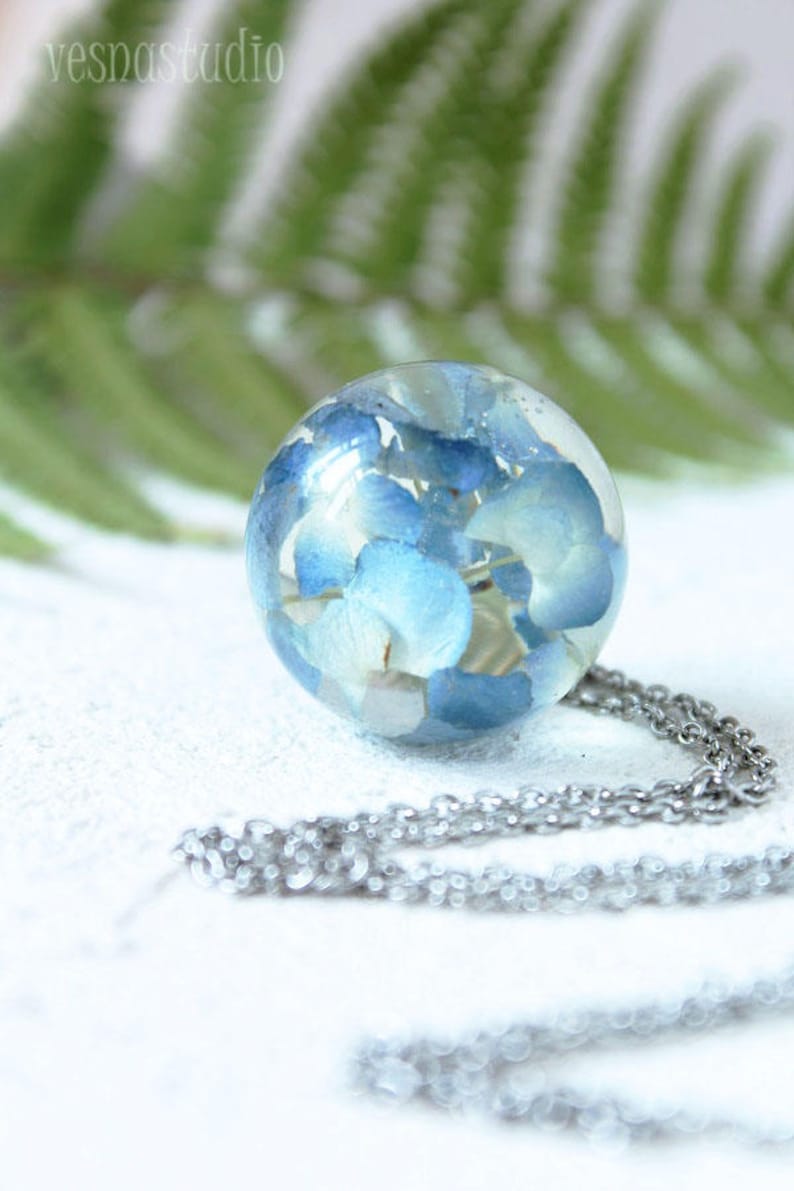 Moon Necklace Blue Hydrangea necklace pandant Real flower necklace Sphere resin necklace Dried flower necklace Romantic gift BLACK FRIDAY image 2