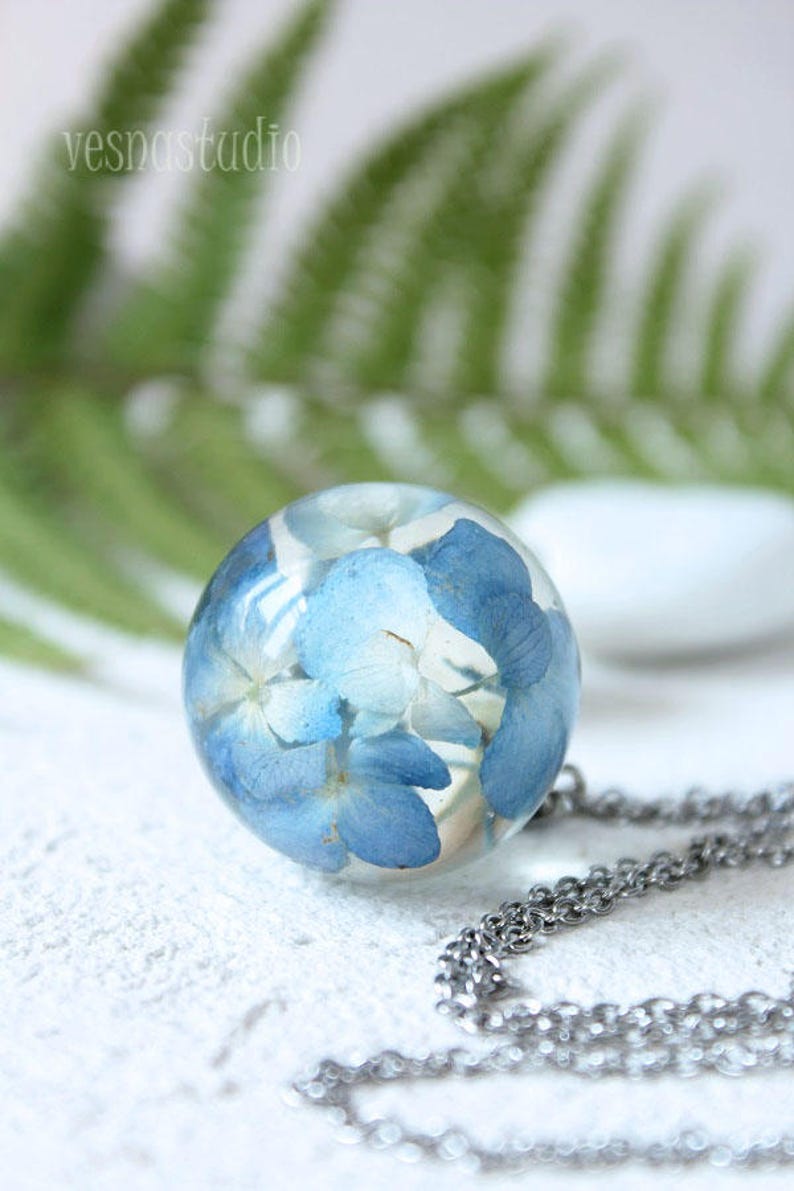 Moon Necklace Blue Hydrangea necklace pandant Real flower necklace Sphere resin necklace Dried flower necklace Romantic gift BLACK FRIDAY image 4