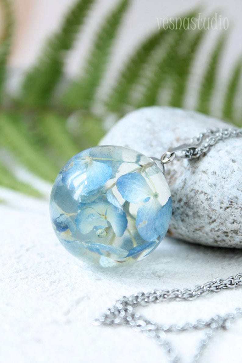 Moon Necklace Blue Hydrangea necklace pandant Real flower necklace Sphere resin necklace Dried flower necklace Romantic gift BLACK FRIDAY image 7